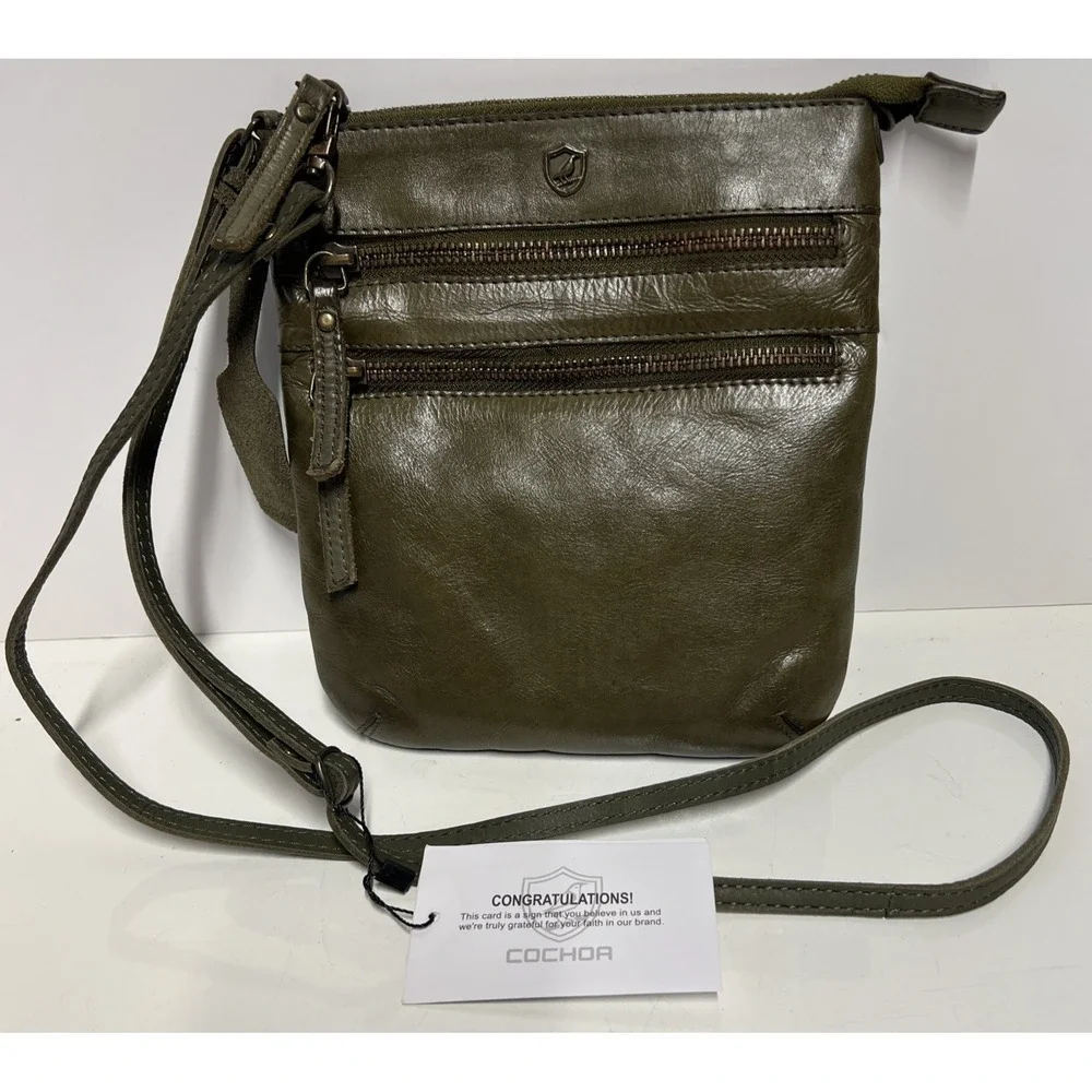 COCHOR Olive Green Soft Leather Crossbody Purse Travel Bag Adjustable Strap NWT
